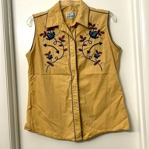 Panhandle Slim Retro Western Wear Sleeveless Embroidered Pearl Snap Shirt Size M